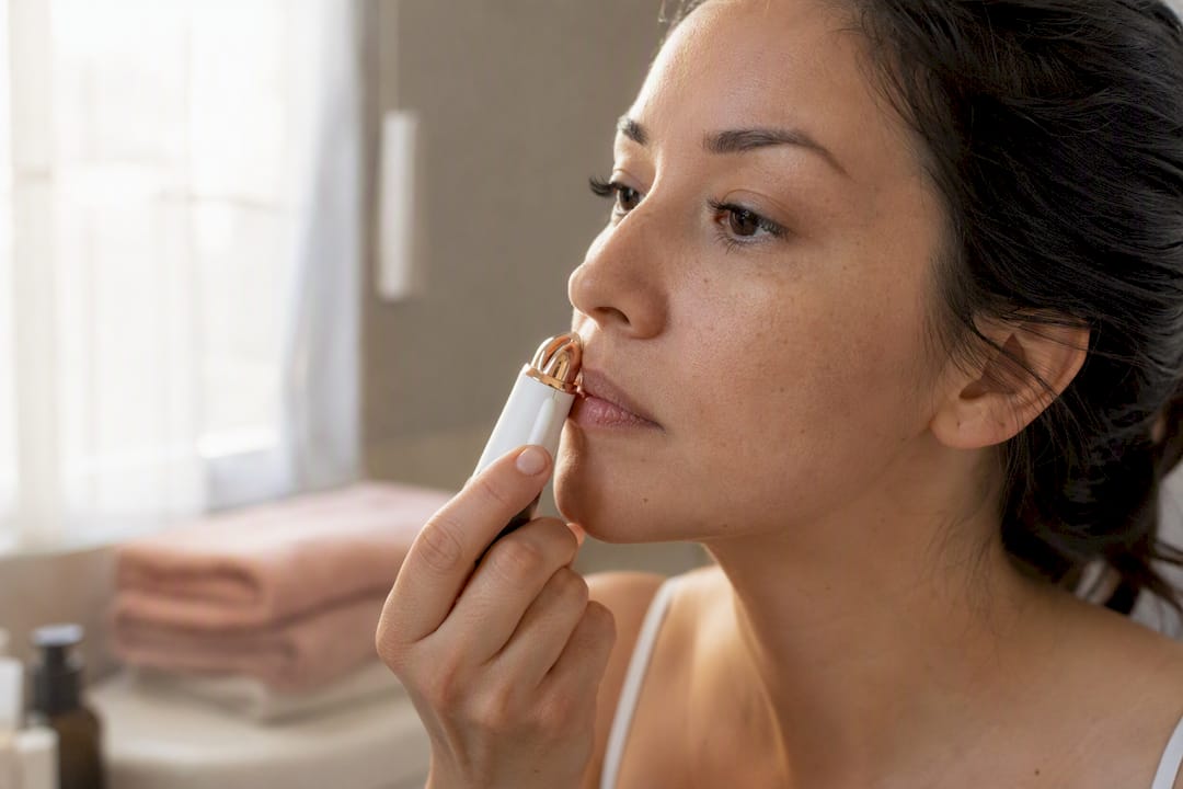 Manos masajeando la piel del labio superior hacia arriba