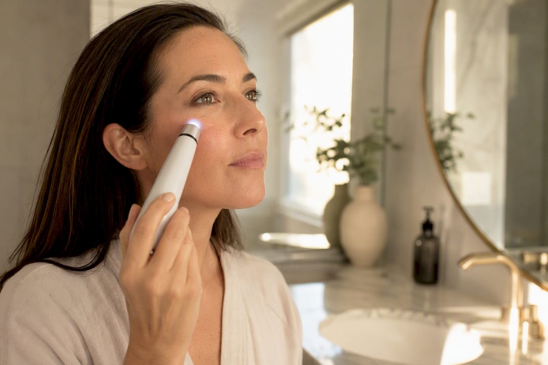 Hand holding phone logging skincare notes post-treatment
