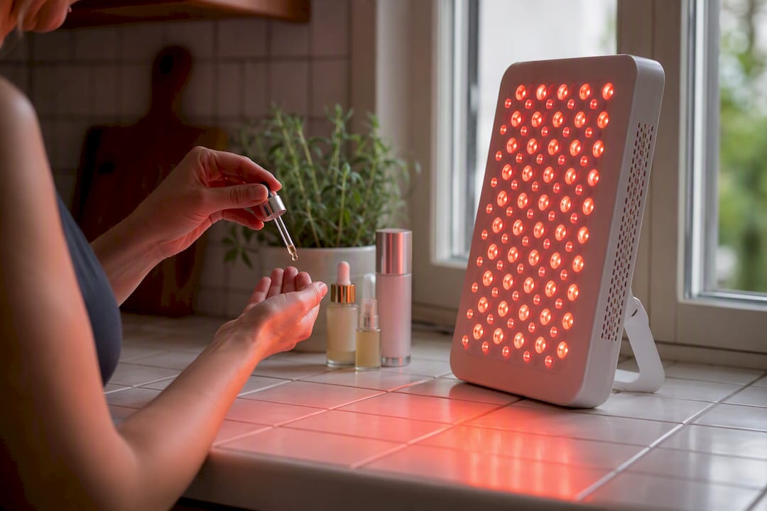 Red light panel glowing in bathroom