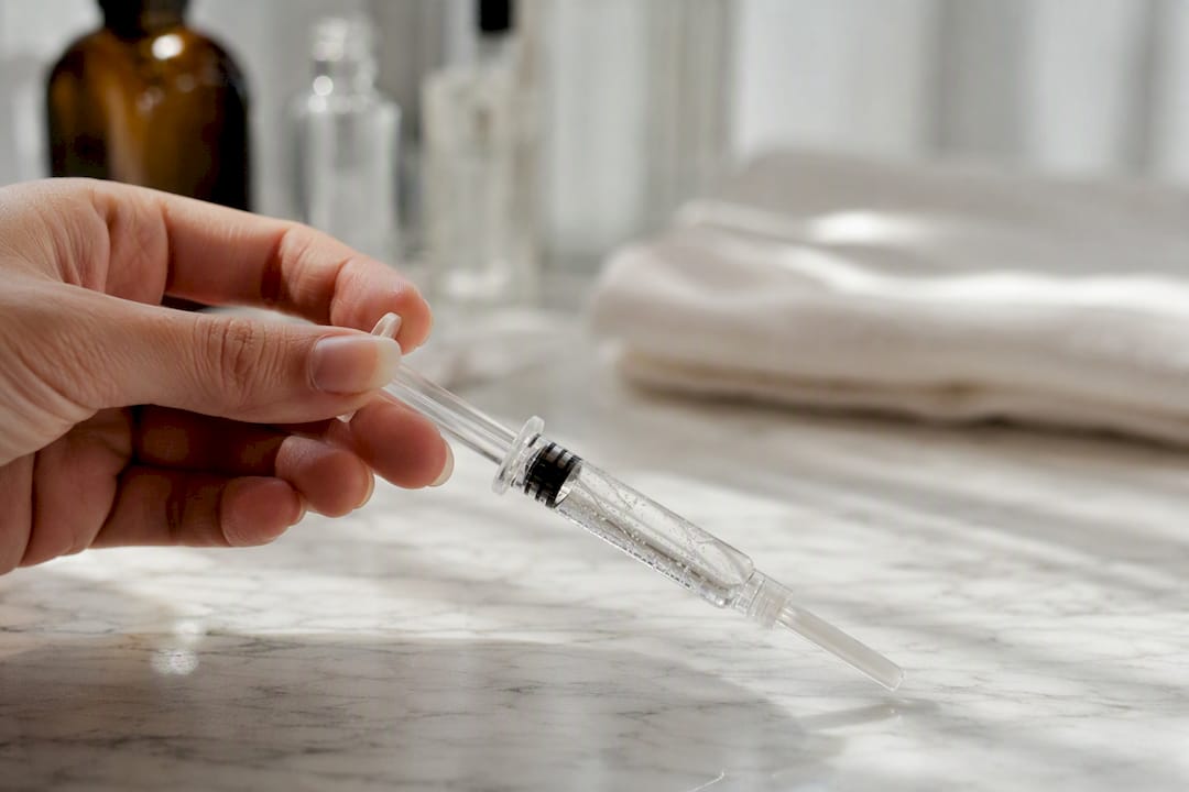 Jeringa con gel de ácido hialurónico en primer plano
