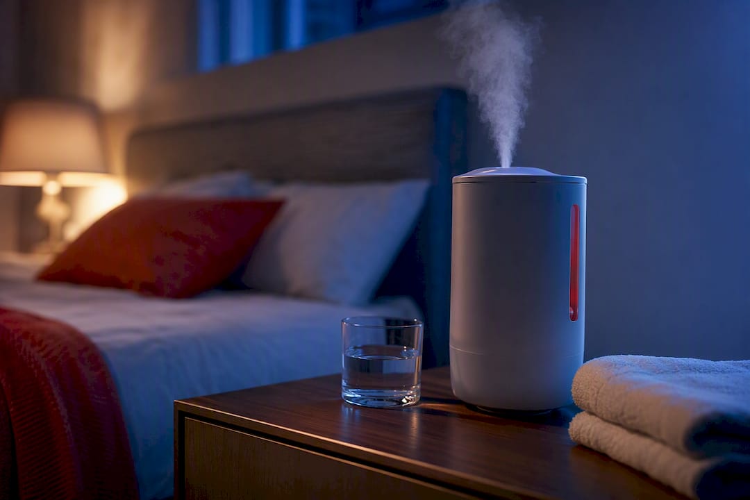 Humidifier releasing mist beside bedside towel