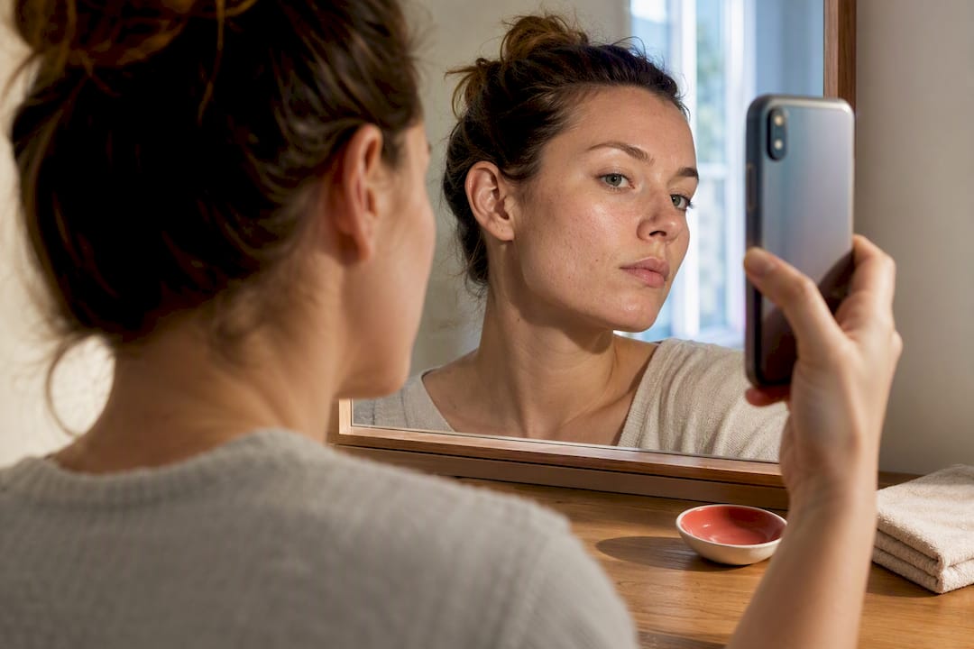 Woman photographing cheek for skin tracking