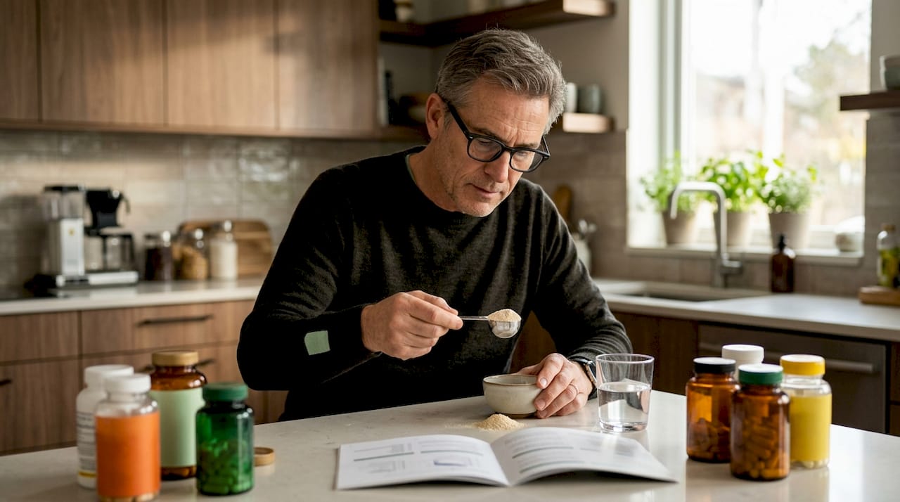 Hender som måler opp pulver til kosttilskudd
