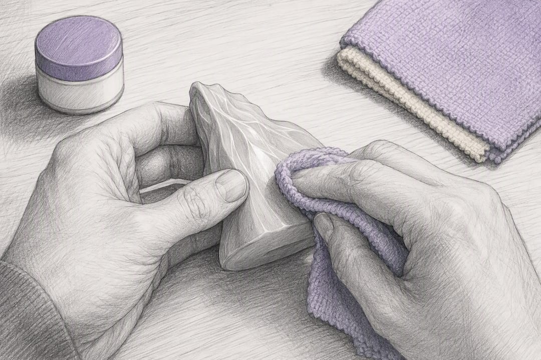 Microfiber cloth buffing an anonymous resin surface