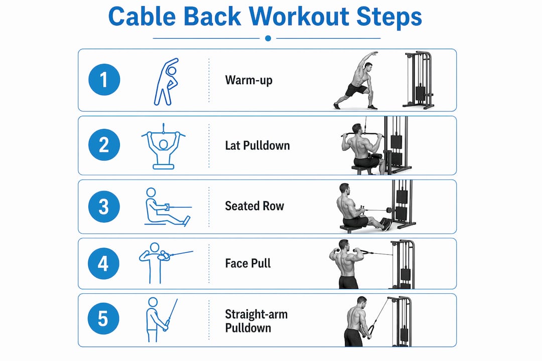 Infographic showing cable back workout steps