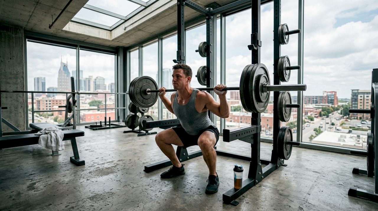 Man doing barbell squat in gym
