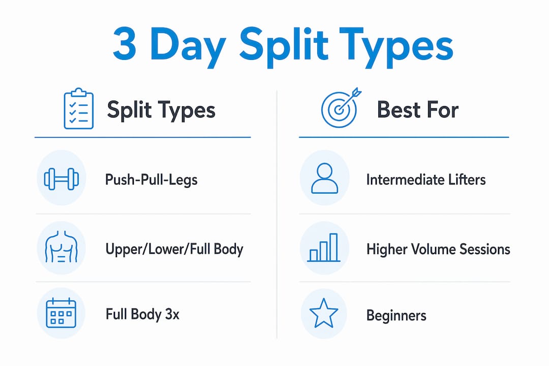 Infographic comparing three 3 day gym split types and their ideal users