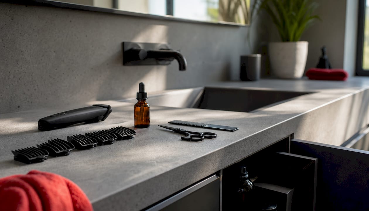 Assorted beard trimming tools on wooden vanity