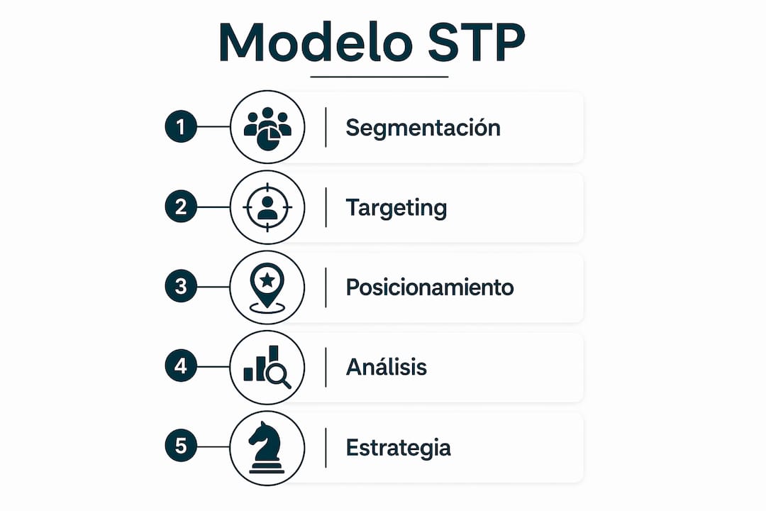 Segmentación de mercado: guía práctica para profesionales.. Infografía que ilustra las diferentes fases del modelo STP