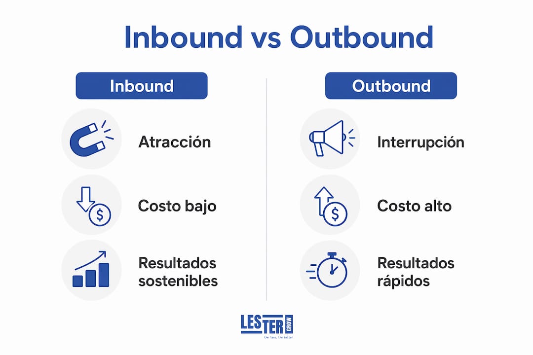 Significado inbound marketing: qué es, cómo funciona y ejemplos Lestergrow Infografía comparativa entre inbound marketing y outbound marketing