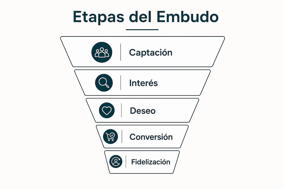 Infografía con las principales etapas de un embudo de conversión para conversion funnel optimization