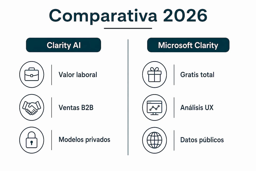 Infografía comparativa entre Clarity AI y Microsoft Clarity: descubre sus diferencias y ventajas.