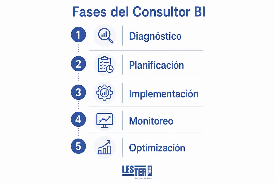 Infografía con las fases de trabajo de un consultor Business Intelligence para pymes