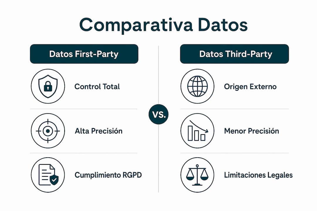 Datos first party vs third party. Comparativa visual entre datos first-party y third-party Datos first party vs third party. Comparativa visual entre datos first-party y third-party