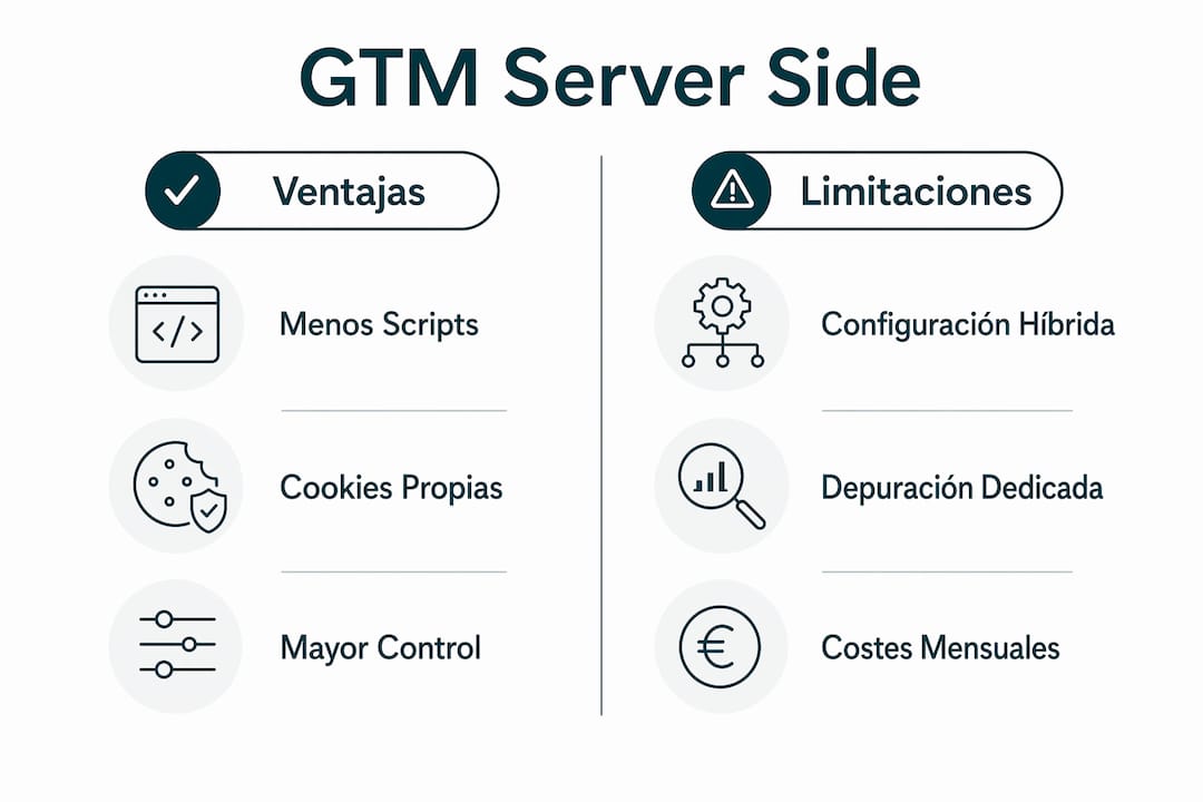 1785334233228 Infografia comparando ventajas y limitaciones de GTM Server Side GTM server side para equipos de analítica: guía práctica LG DATAONE 1 Comparativa visual de ventajas y limitaciones de GTM server side