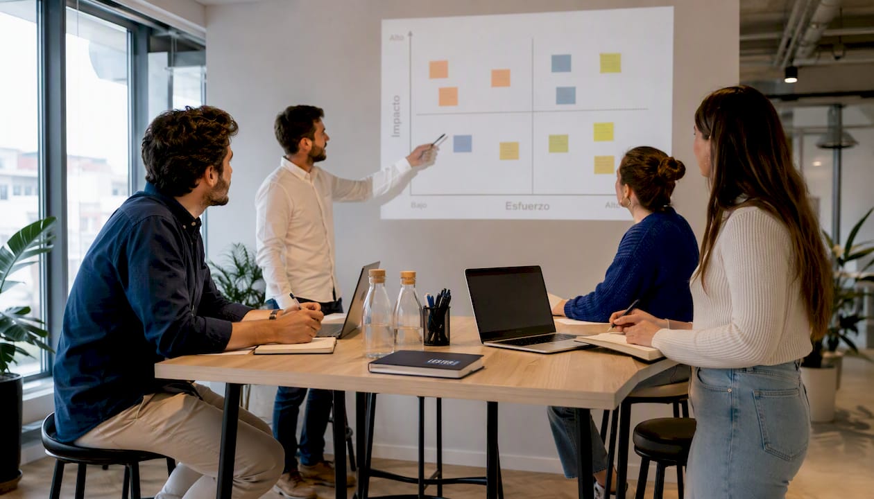 El equipo analiza sus prioridades utilizando una matriz de impacto y esfuerzo.
