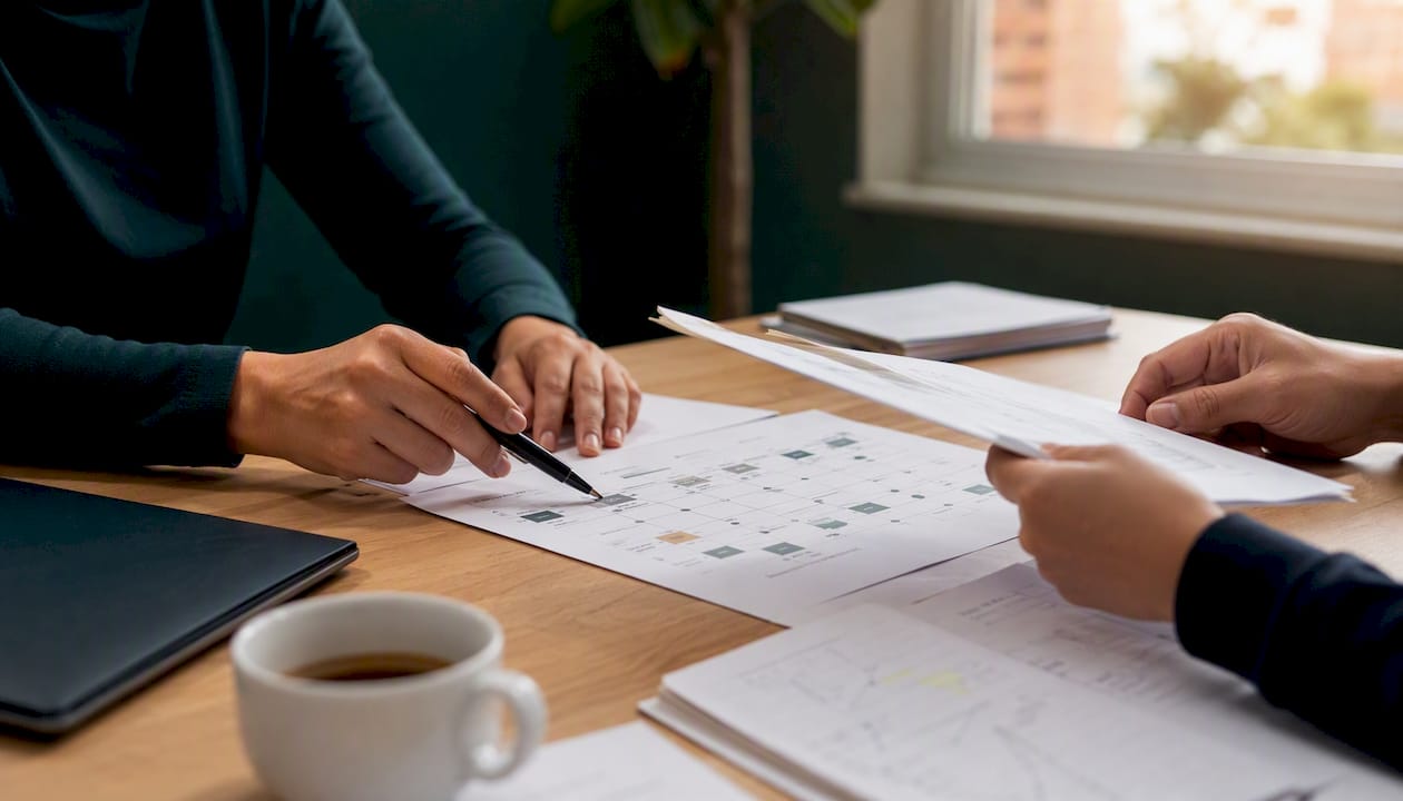 Varias manos trabajando juntas sobre una mesa, organizando ideas en esquemas y diagramas de procesos.