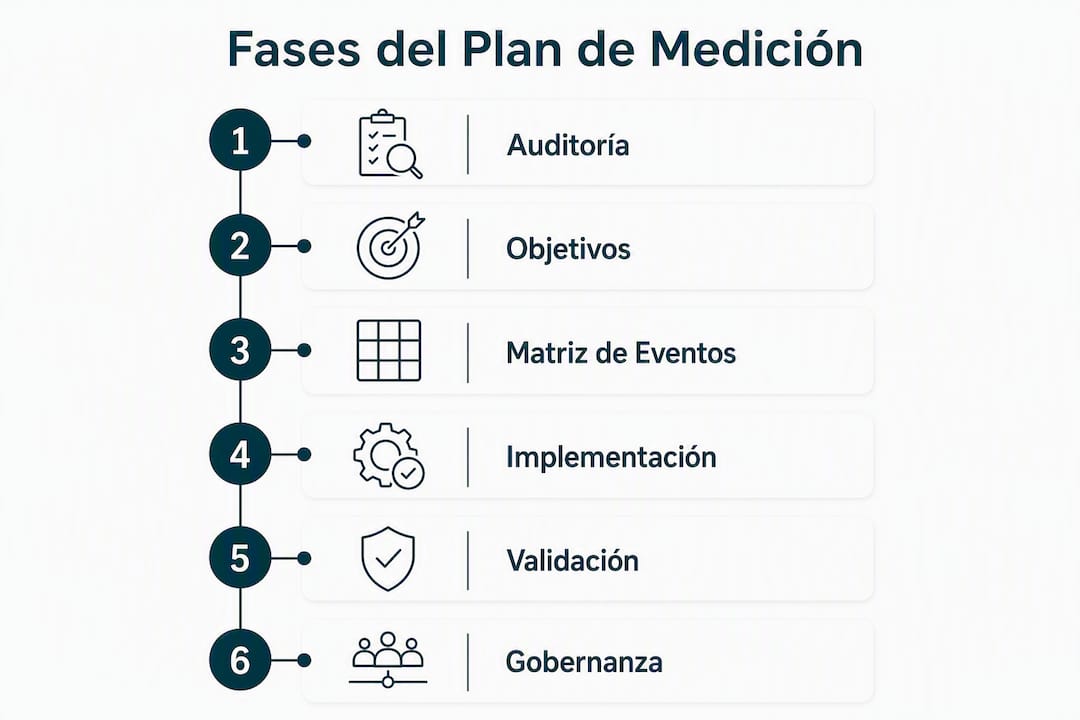 Infografía con esquema vertical que muestra las distintas etapas del plan de medición digital