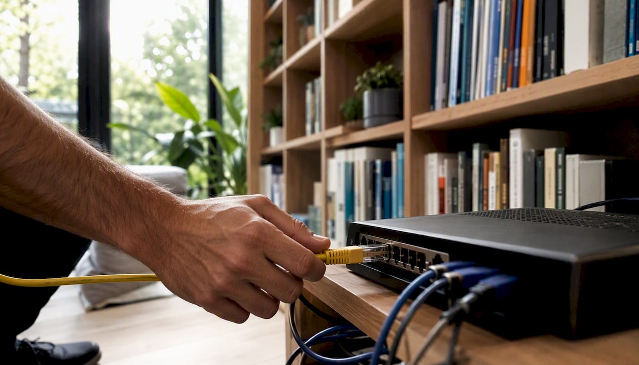 Conversions API: guía de implementación, medición y privacidad Lestergrow Una mano enchufando un cable de red al servidor