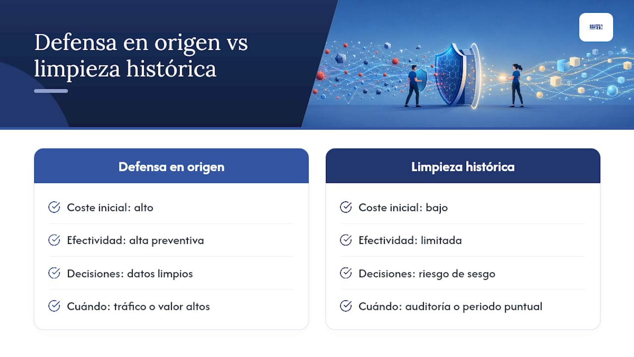 Referral spam en GA4: cómo eliminarlo y mantener datos limpios Lestergrow Diagrama de defensa en origen frente a referral spam y contaminación de datos en GA4