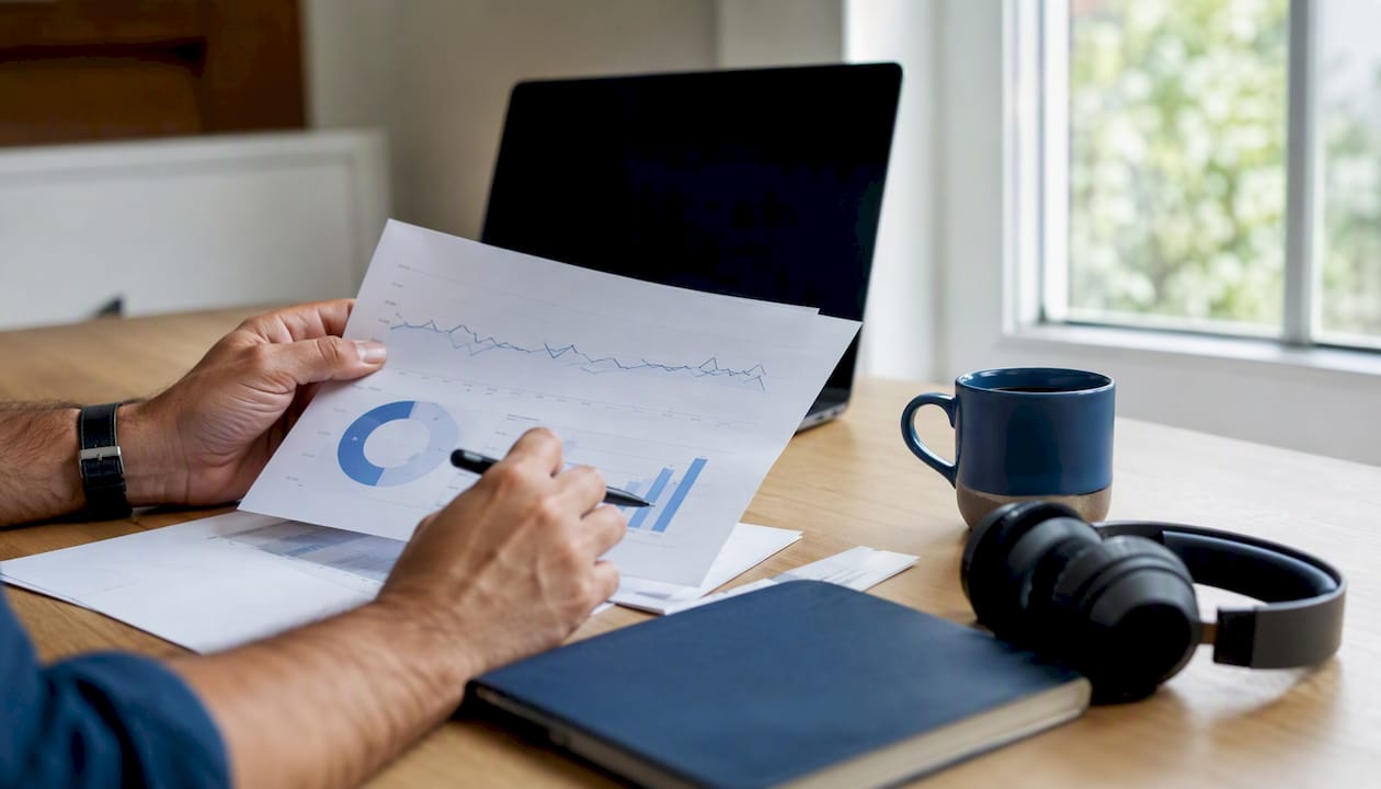 Manos organizando gráficos de marketing sobre la mesa