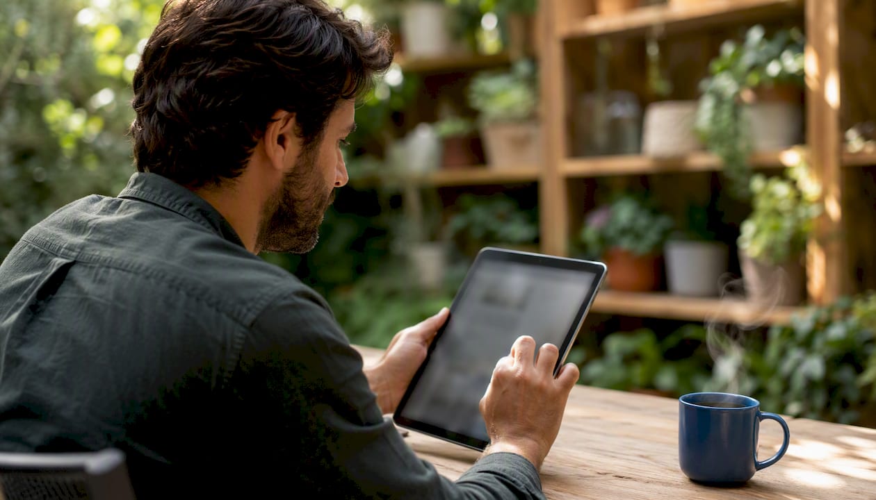 Manos revisando el tráfico SEO en una tablet