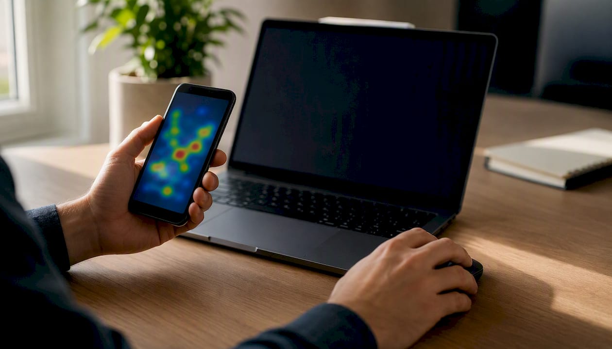 Manos utilizando un teléfono móvil y un ratón de ordenador