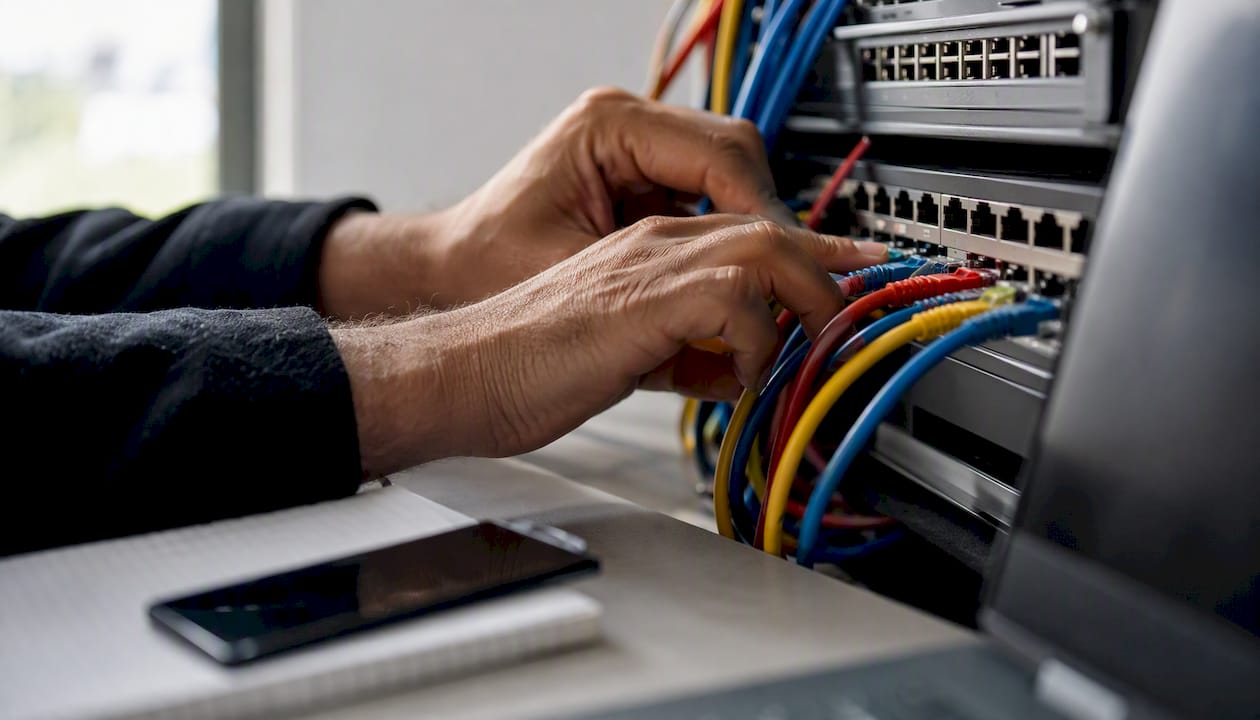 Manos conectando cables de red en una oficina tecnológica para Reporte unificado marketing