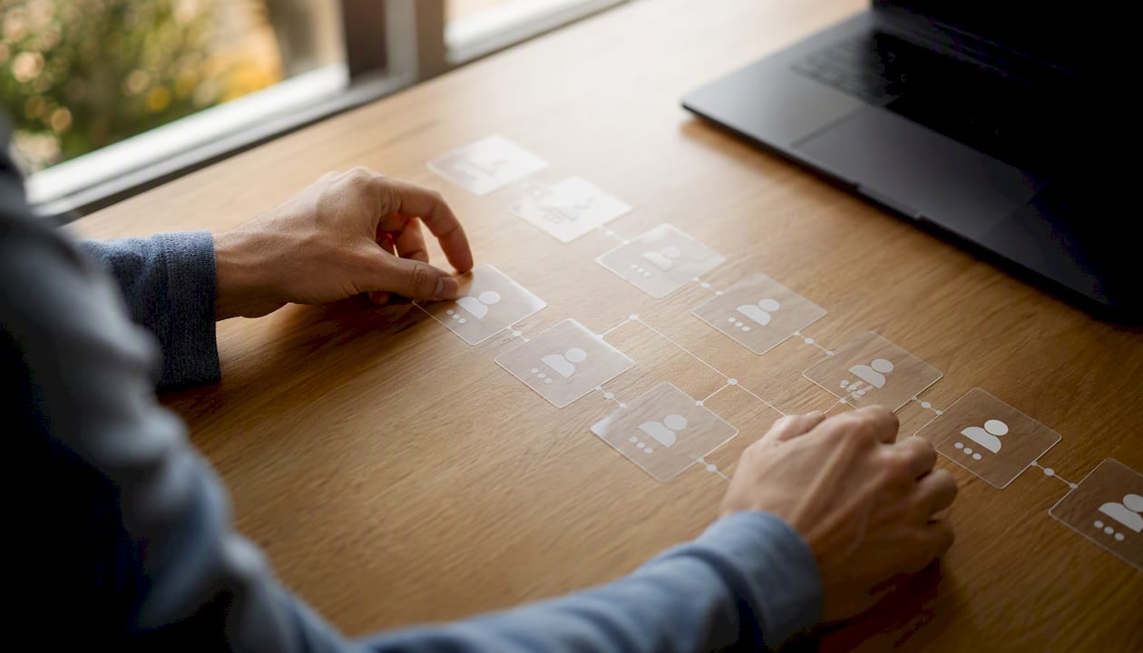 Manos organizando tarjetas con datos para la evaluación de prospectos B2B