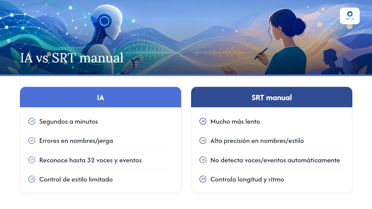 Subt&iacute;tulos para v&iacute;deos: gu&iacute;a r&aacute;pida con IA y revisi&oacute;n humana | Videocontent Tu v&iacute;deo desde 350&euro; | 1787503678118 IA o SRT manual que metodo conviene segun tu video overview diagram | video