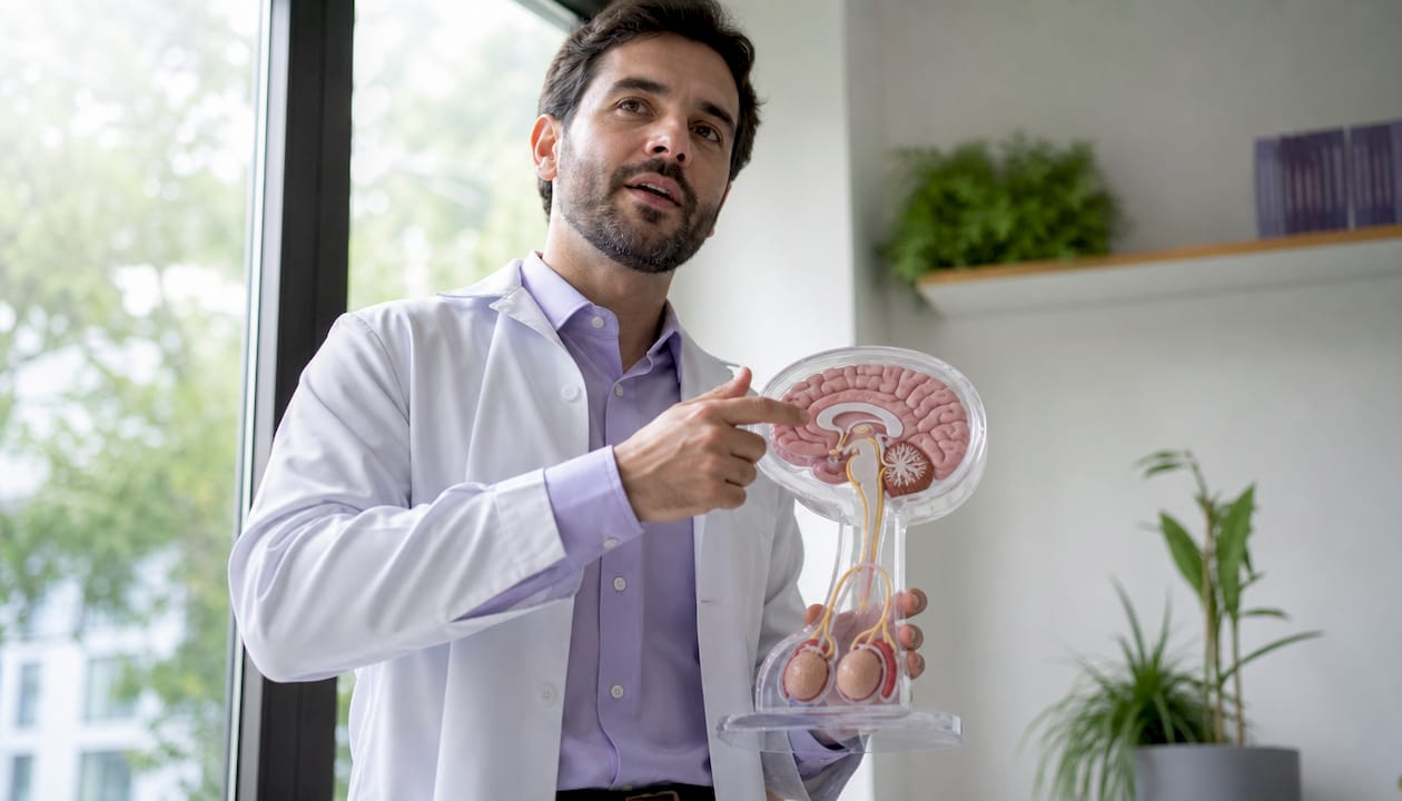 Doctor demonstrating HPG axis using anatomical model