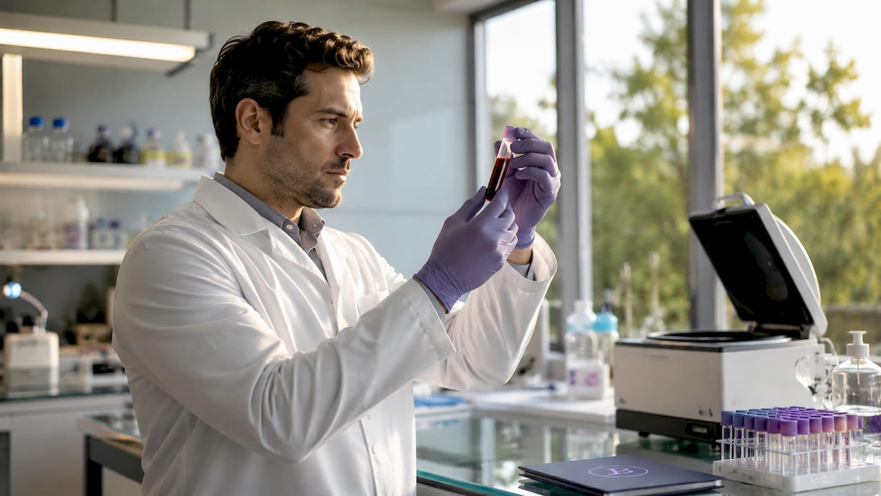 Scientist handling hormone test vial in lab