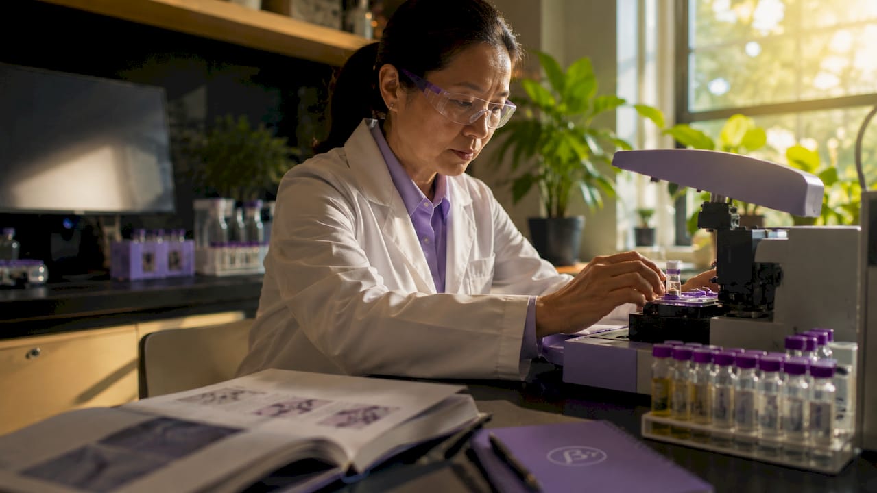 Scientist adjusting hormonal assay device