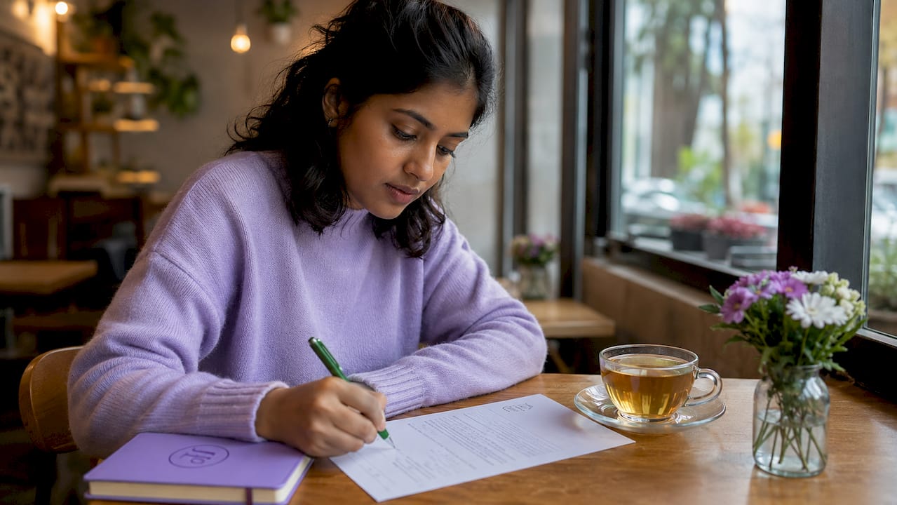 Hands writing notes on intimacy exercises guide