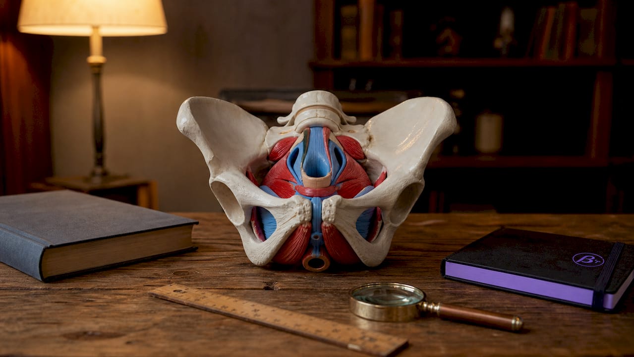 Male pelvic floor anatomy model on table
