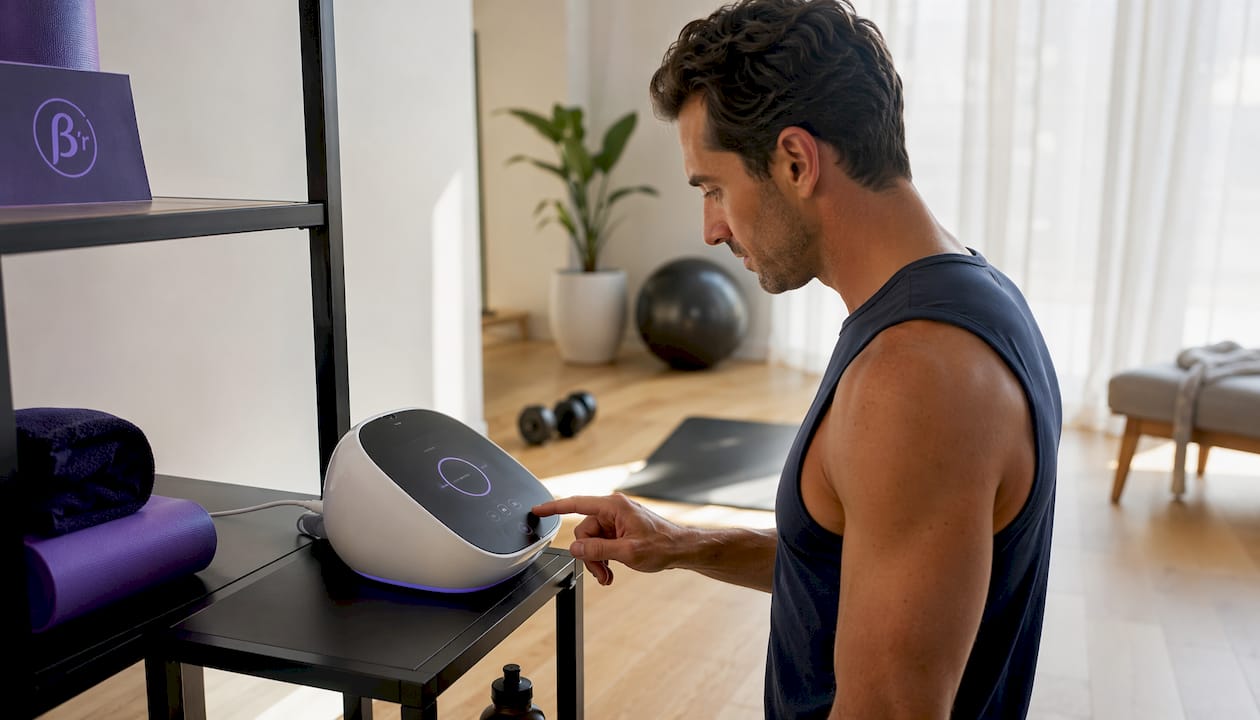 Man inspecting pelvic floor exercise device in home gym