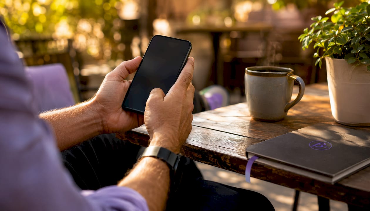 Close-up hands holding smartphone in café setting