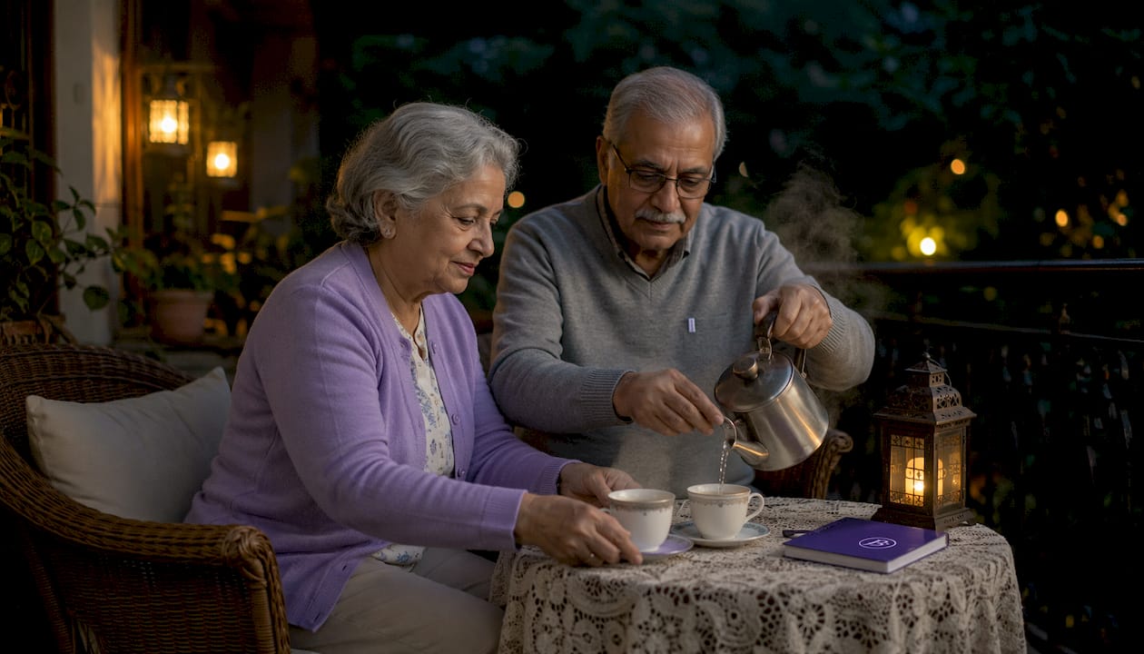 Elderly couple sharing morning coffee ritual outdoors
