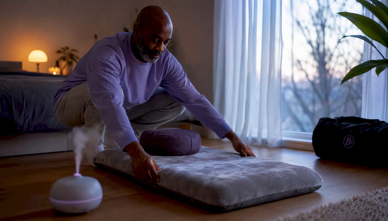 Man preparing meditation space at home