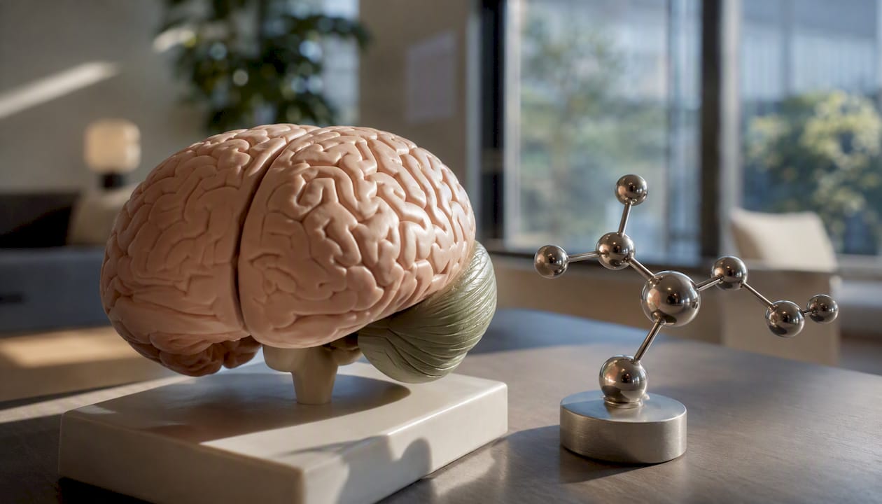 Brain and dopamine molecule model on desk