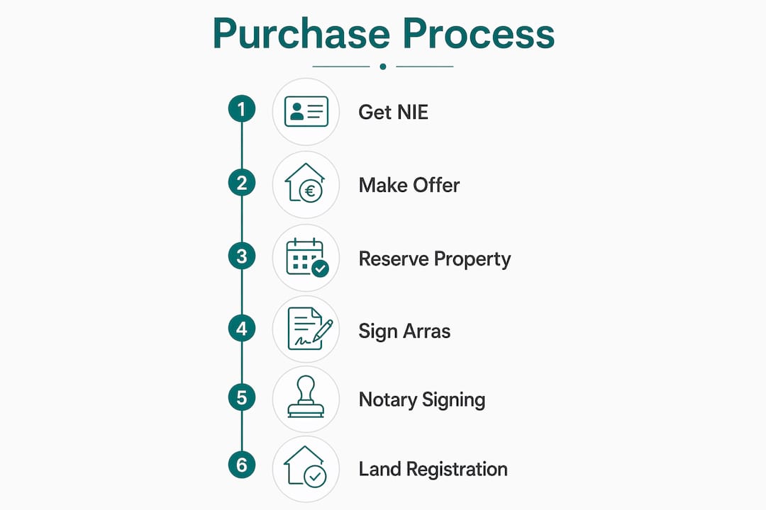 Infographic detailing steps to buy property in Spain