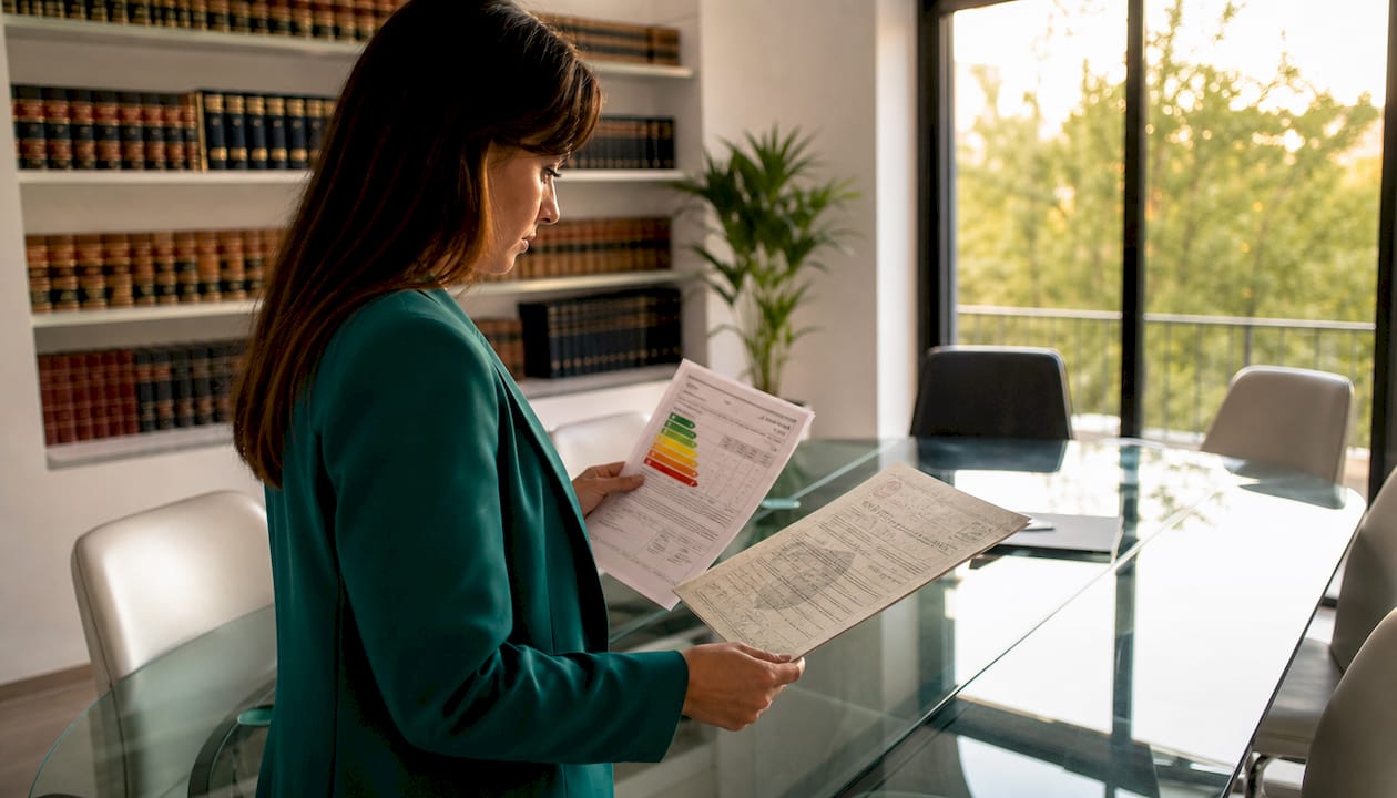 Hands holding legal property documents in office