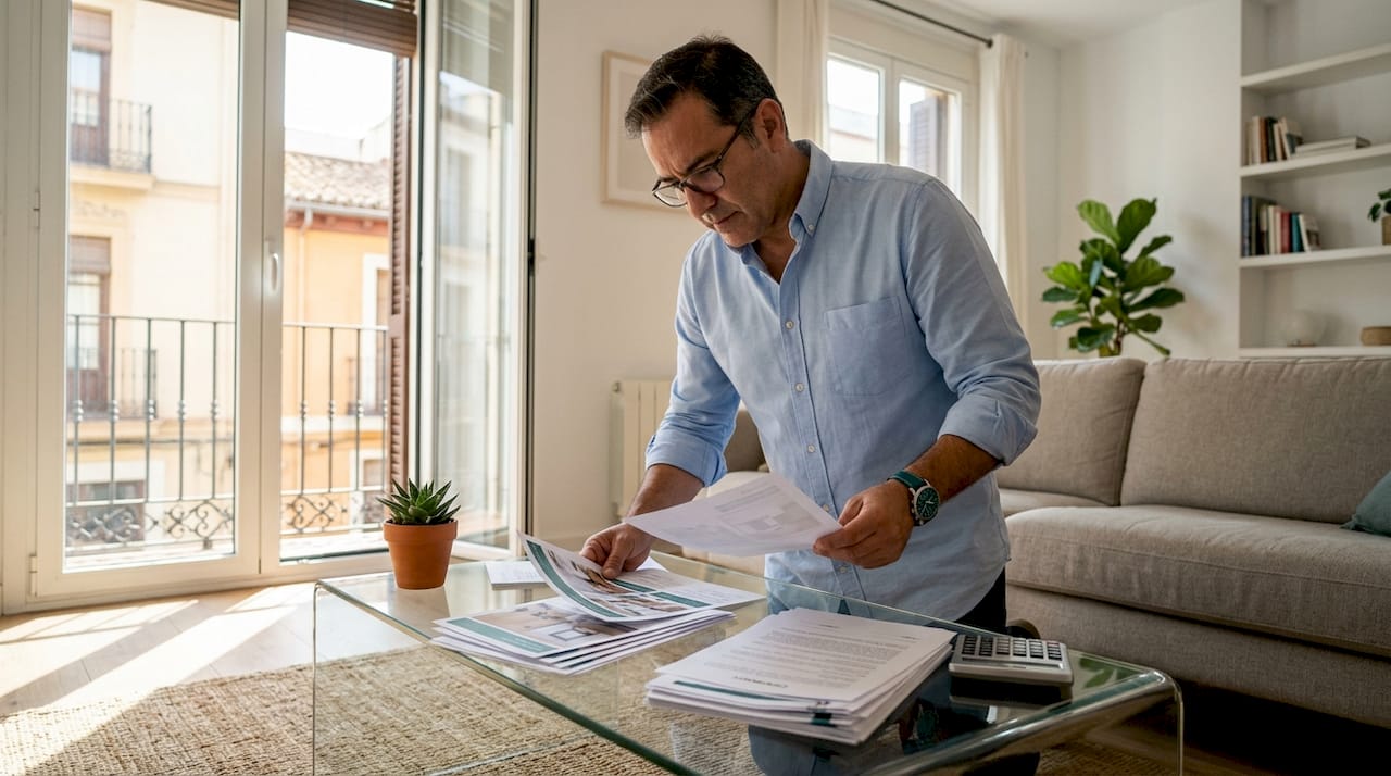 Man reviewing property sale documents at kitchen table