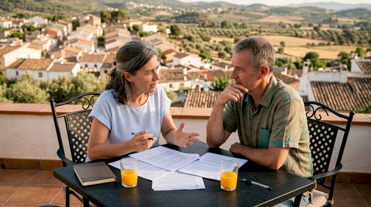 Couple reviewing Spanish house purchase documents