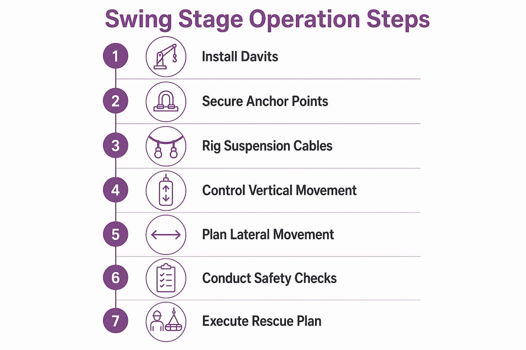 Infographic detailing swing stage operation steps
