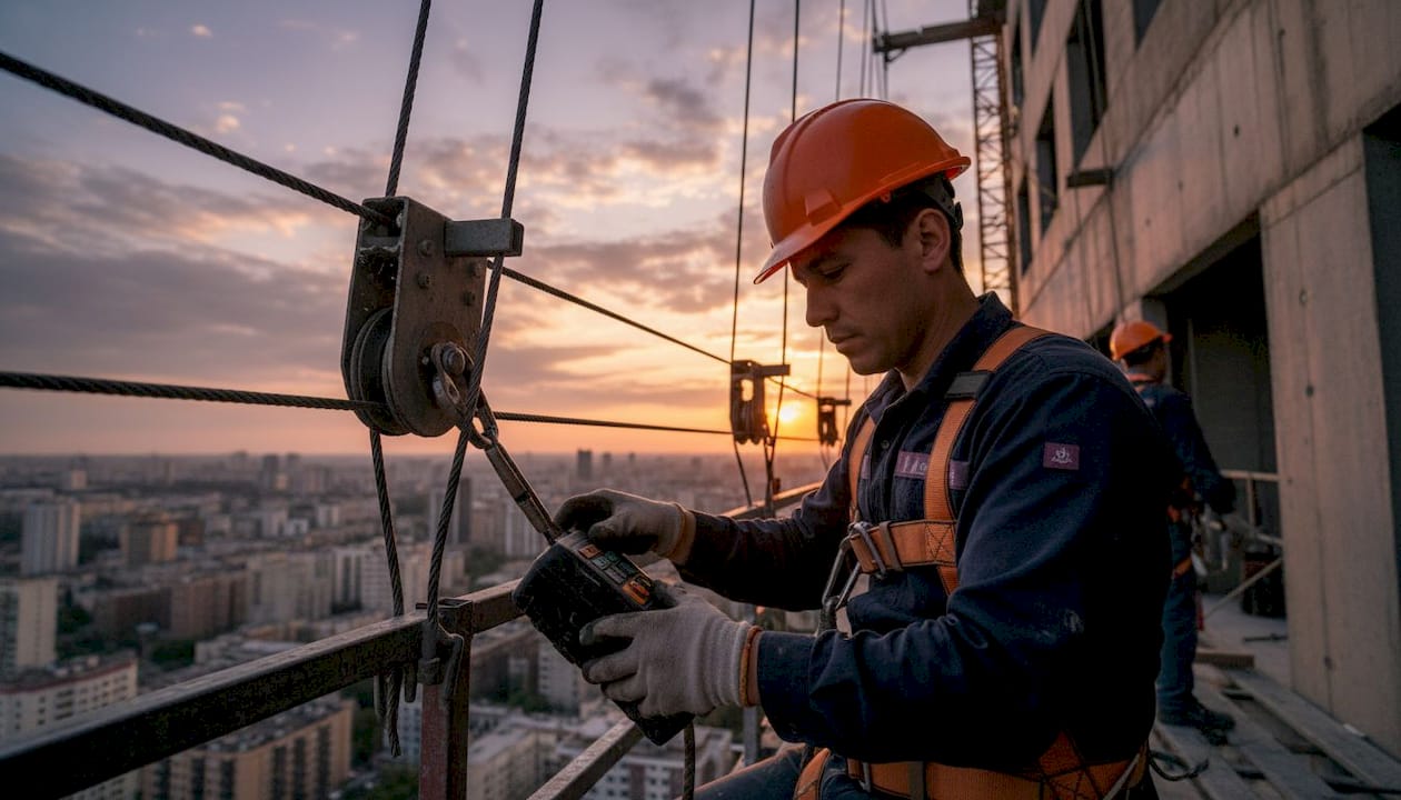 Worker controlling hoist on swing stage scaffold