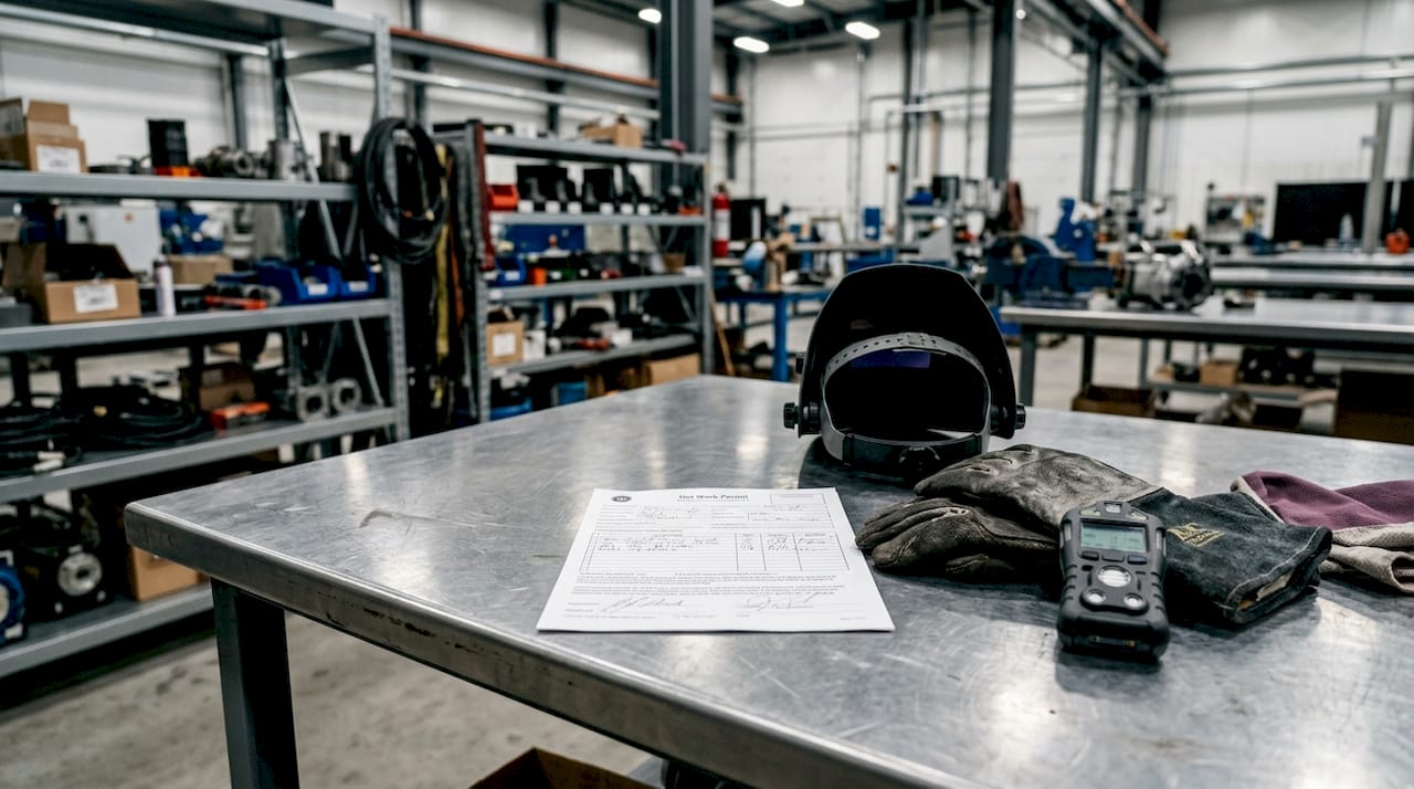Hot work permit form with safety gear on workbench