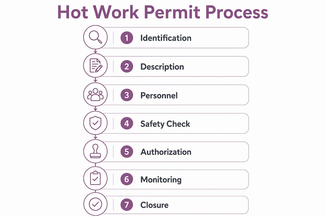 Infographic illustrating hot work permit process steps