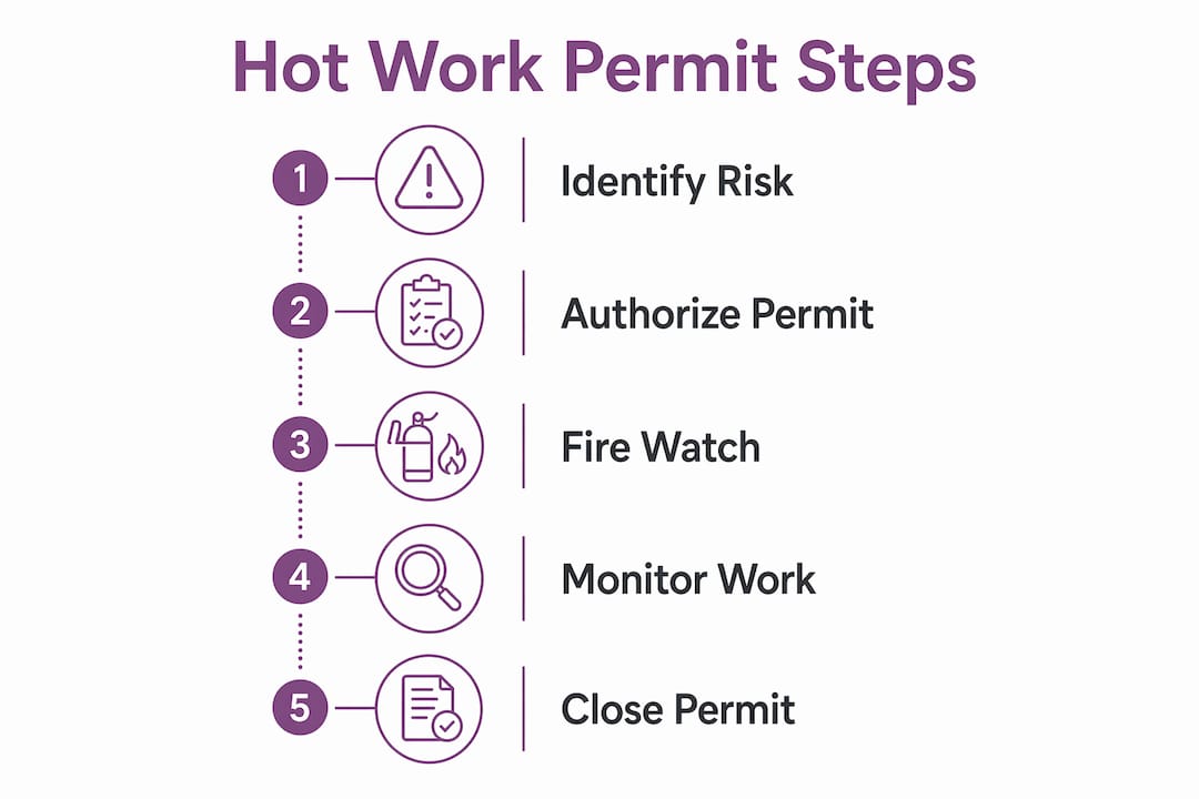 Infographic showing hot work permit steps flow