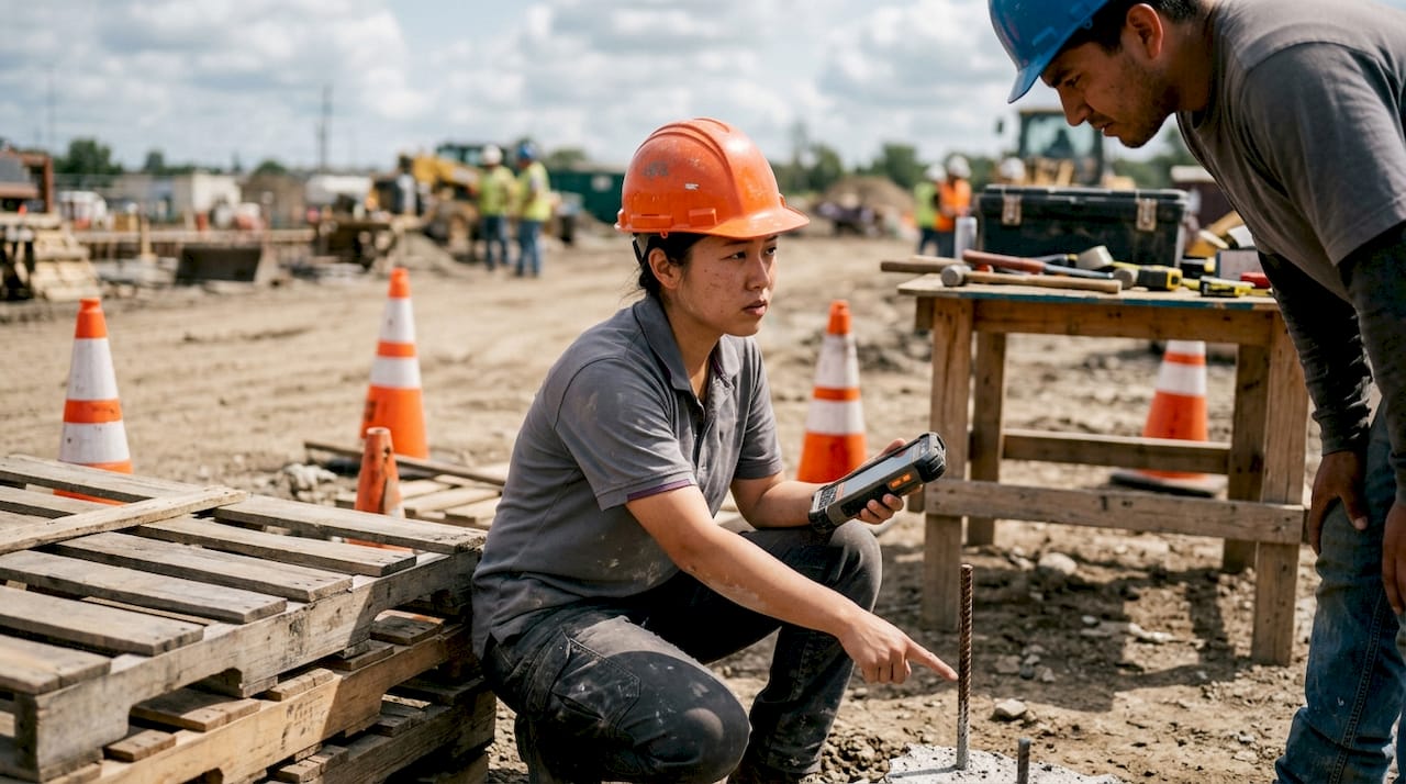 Worker inspecting scaffold hazards on construction site